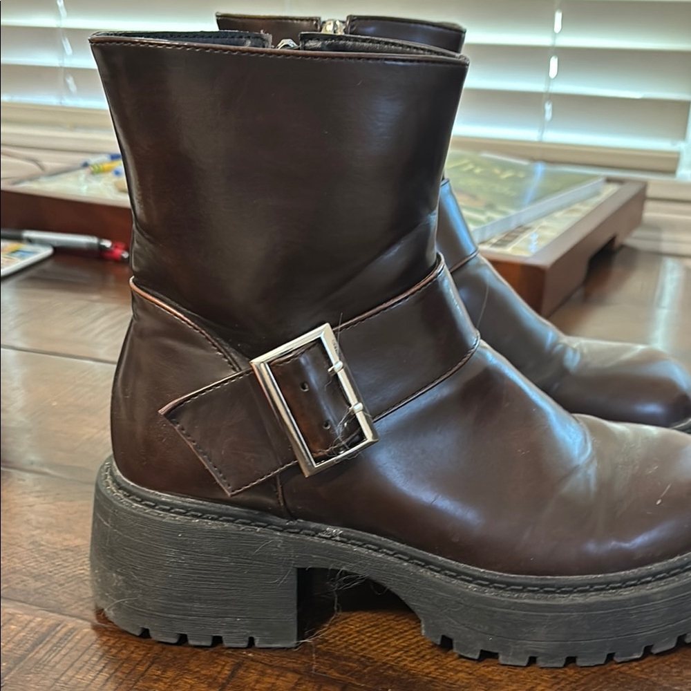 Chunky Brown Leather Combat Moto Boots